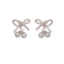 Fashion Silver - Bow Pearl Earrings (thick Real Gold Plating) Copper Diamond Bow Pearl Earrings