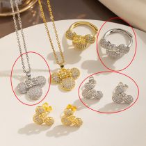 Fashion Silver Mickey Three-piece Suit Titanium Steel Diamond Mickey Mouse Necklace Ring Earrings Set