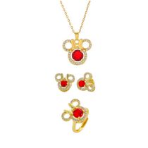 Fashion Red Zirconium Three-piece Set Titanium Steel Diamond Mickey Mouse Necklace Ring Earrings Set