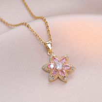 Fashion Pink Zircon Necklace Titanium Steel Diamond Flower Necklace