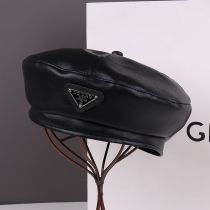 Fashion Number 1 Leather Beret With Metal Triangle Logo