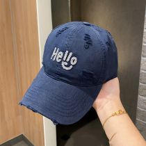 Fashion Navy Blue Ripped Lettered Baseball Cap