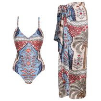 Fashion Swimsuit+beach Skirt Polyester Printed One-piece Swimsuit With Knotted Beach Skirt Set