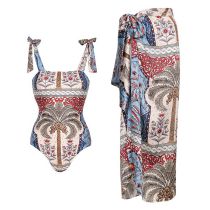 Fashion Swimsuit+skirt Polyester Printed One-piece Swimsuit With Knotted Beach Skirt Set
