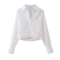Fashion White Polyester Pleated Lapel Shirt