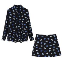 Fashion Blue Polyester Printed Lapel Shirt Skirt Suit