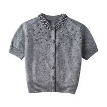 Fashion Grey Jeweled Knitted Buttoned Sweater