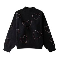 Fashion Black Geometric Beaded Heart Knit Sweater