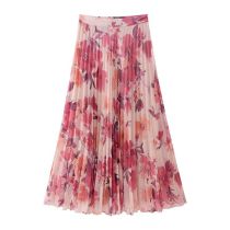 Fashion Purple Red Polyester Printed Pleated Skirt
