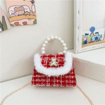 Fashion Bear Red And White Color Matching Cotton Flap Pearl Crossbody Bag