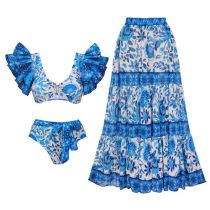 Fashion Tankini Swimsuit Set Nylon Printed Split Swimsuit Beach Skirt Set
