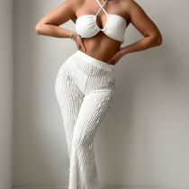Fashion White Polyester Threaded Halter Neck Split Swimsuit Bikini Trousers Three-piece Set