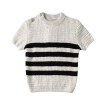 Fashion White Striped Crew Neck Pullover Short-sleeved Sweater