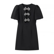 Fashion Black Polyester Diamond Heart Hollow Puff Sleeve Skirt