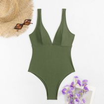 Fashion Army Green Nylon V-neck One-piece Swimsuit