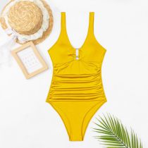 Fashion Yellow Nylon Pleated One-piece Swimsuit