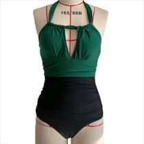 Fashion Green Nylon Halterneck Hollow Color Block One-piece Swimsuit