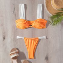 Fashion Orange Nylon Deep V Pleated One-piece Swimsuit Bikini