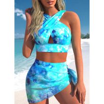 Fashion Tie Dye Polyester Printed Crossover Swimsuit Beach Skirt Set
