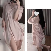 Fashion Pink Mesh Hollow Lace Shirt Nightgown