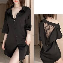Fashion Black Mesh Hollow Lace Shirt Nightgown