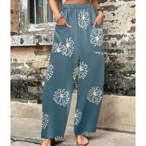 Fashion Light Blue Polyester Printed Wide-leg Trousers
