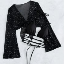 Fashion Black Polyester Halterneck Split Swimsuit Bikini Cover-up Skirt Cover-up Four-piece Set