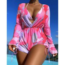 Fashion Pink Polyester Printed Halterneck Lace-up Tankini Swimsuit Three-piece Bikini Cover-up