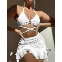 Fashion White Polyester Lace-up Tankini Swimsuit And Bikini Cover-up Three-piece Set