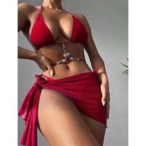 Fashion Red Polyester Diamond-encrusted Halterneck Split Swimsuit Bikini Cover-up Three-piece Set