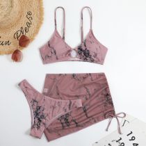 Fashion Pink Polyester Printed Split Swimsuit Beach Skirt Set