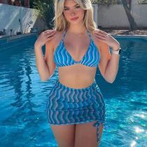 Fashion Blue Polyester Printed Halterneck Split Swimsuit Cover-up Three-piece Set