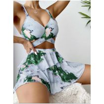 Fashion Green Polyester Printed Three-piece Swimsuit Cover-up Skirt Set