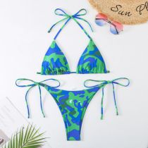 Fashion Green + Blue Nylon Printed Halterneck Tankini Swimsuit Bikini