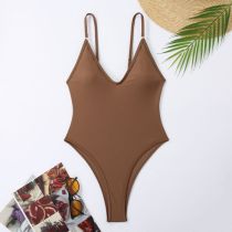 Fashion Light Brown Nylon V-neck One-piece Swimsuit
