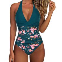 Fashion Green Pink Flower Polyester V-neck Halterneck Pleated One-piece Swimsuit