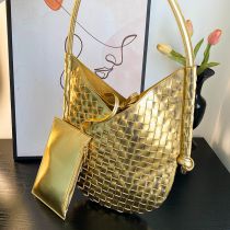 Fashion Gold Pu Plaid Woven Large Capacity Shoulder Bag