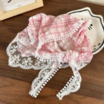 Fashion A Pink And White Plaid Fabric Plaid Lace Triangle Headscarf