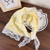 Fashion B Yellow And White Plaid Fabric Plaid Lace Triangle Headscarf