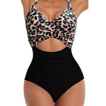 Fashion Leopard Print Polyester Cross Cutout Halterneck One-piece Swimsuit