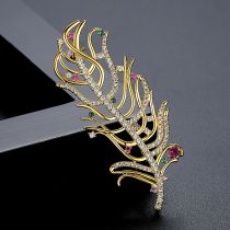 Fashion Gold Copper And Diamond Feather Brooch