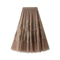 Fashion Khaki Mesh Lace Pleated Skirt