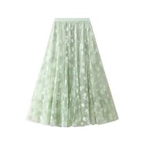 Fashion Green Mesh Spliced Flocked Skirt With Wide Hem