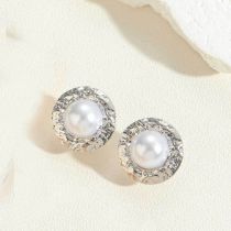 Fashion Real White Gold Single Pearl Gold Plated Copper Round Pearl Earrings