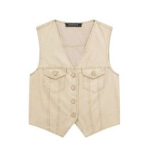 Fashion Khaki Blend-breasted Double-pocket Vest