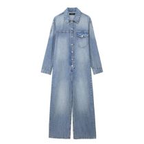 Fashion Blue Denim Lapel Buttoned Jumpsuit