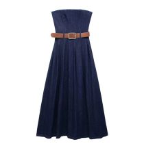 Fashion Blue Denim Belted Long Skirt