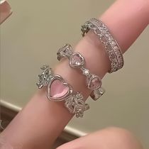 Fashion Silver Pink Alloy Diamond Bow Love Ring Set
