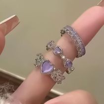 Fashion Silver Purple Alloy Diamond Bow Love Ring Set