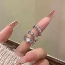 Fashion Silver White Alloy Diamond Bow Love Ring Set